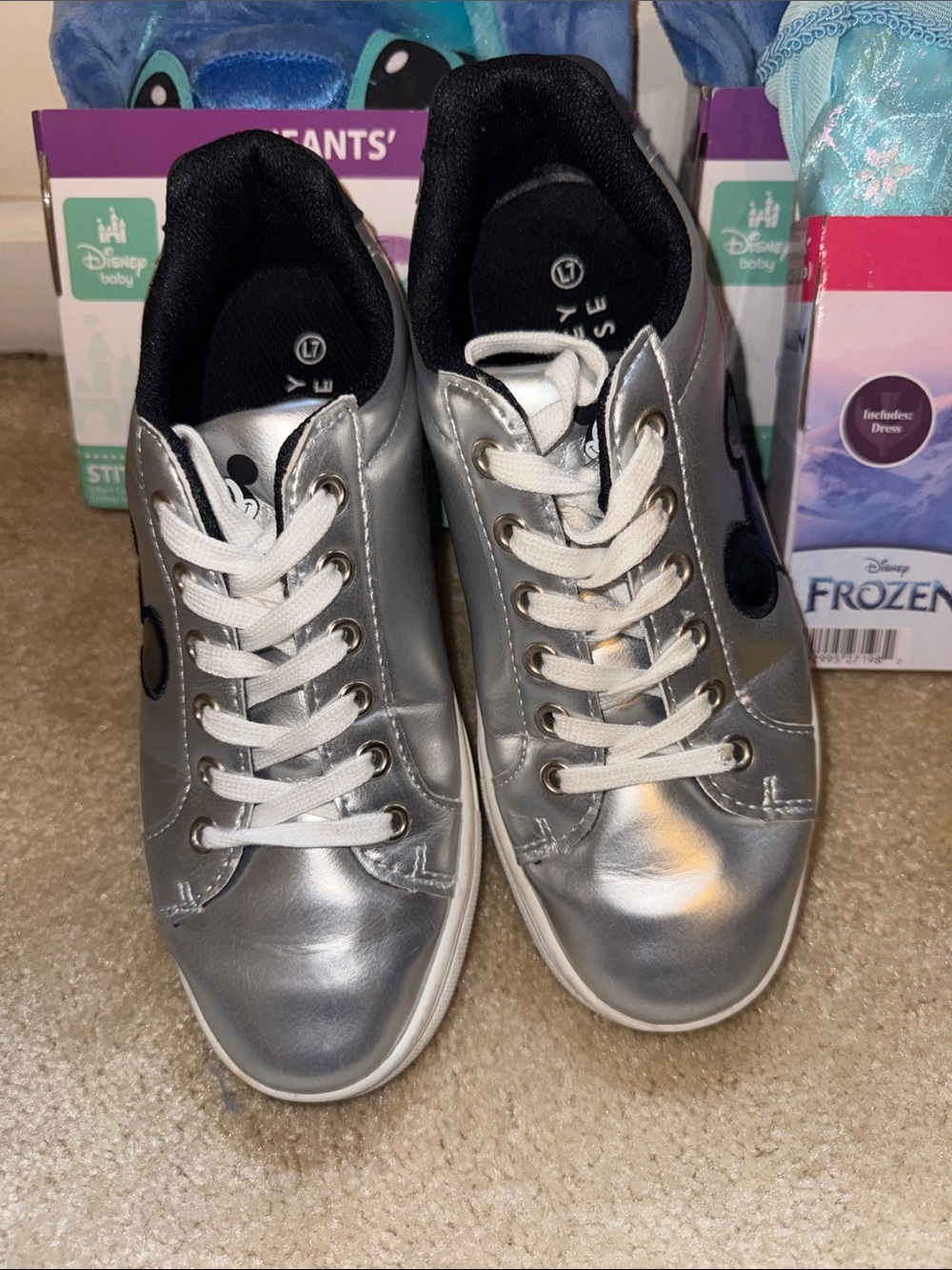 Disney Silver Metallic Lace-Up Sneakers with Black Logo Accent